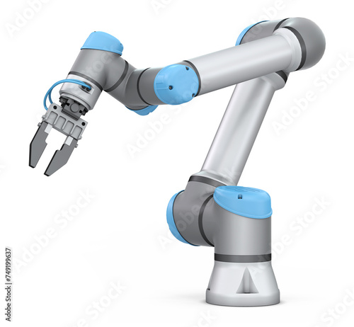 Robotic arm on a white background with an electric gripper for automated production lines. Universal robots. 3d illustration