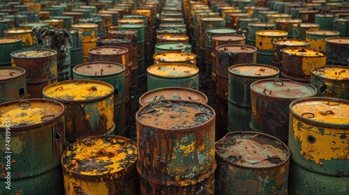a large group of rusty barrels sitting next to each other on top of a field of green and yellow barrels. photo