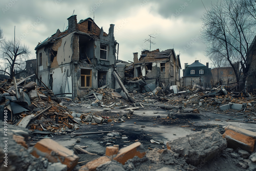 Ruined houses street after war. Neural network generated image. Not based on any actual scene or pattern. Ruined houses street after war. Neural network generated image. Not based on any actual scene or pattern.