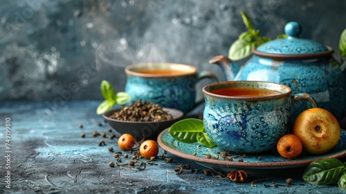 Herbal tea background. Tea cups with various dried tea leaves and flowers were shot from above on a rustic wooden table. Assortment of dry tea in ceramic bowls with copy space