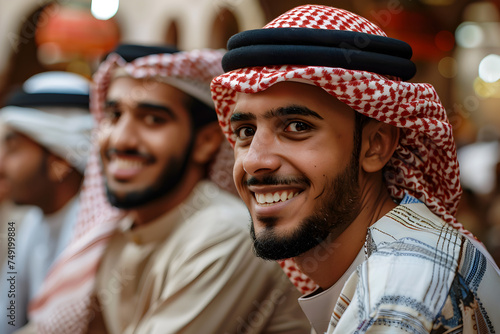 "Eid Festivities: Smiling Arab Men Enjoying Traditional Celebration"