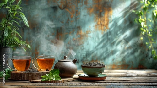 Wallpaper Mural Herbal tea background. Tea cups with various dried tea leaves and flowers were shot from above on a rustic wooden table. Assortment of dry tea in ceramic bowls with copy space Torontodigital.ca