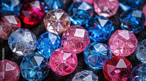 a close up of a bunch of different colored diamond shaped objects on a black surface with red, blue, and pink colors.