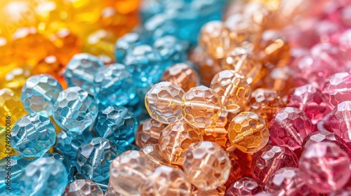 a group of multicolored beads sitting next to each other on top of a white sheet of paper with the colors of the rainbow and blue, yellow, red, green, orange, yellow, red, blue, and pink, and yellow.