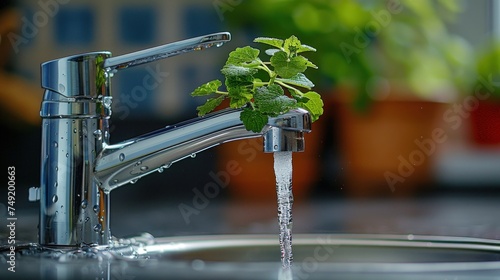 a close up of a faucet with a sprout of water coming out of the faucet. photo