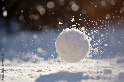 Snowball on snow covered ground at sunny winter day for snow ball effect concept. Neural network generated image. Not based on any actual scene or pattern.