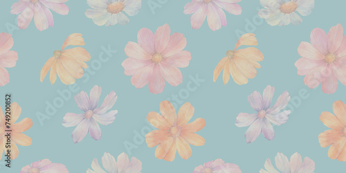 flowers of delicate shades on a blue background, abstract background, seamless pattern for cards and wallpapers
