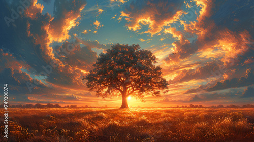 太陽の光に照らされる1本の木のある風景 photo