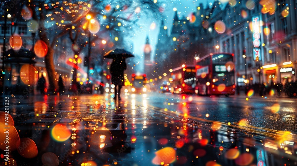 a person holding an umbrella standing in the rain on a city street with a double decker bus in the background. - obrazy, fototapety, plakaty 