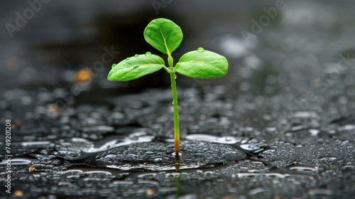 a small green plant sprouting out of a puddle of water on a black surface with drops of water around it. photo