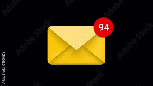 Mail inbox notification icon animation counting 1 to 99 with Alpha channel and Green Screen background. Envelope popup.