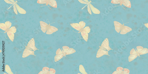 repeating ornament, seamless pattern of dragonflies and butterflies, endless watercolor illustration, hand drawn. Design of fabrics, wrapping paper, kitchen textiles, packaging.