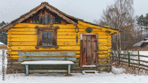 a yellow cabin with a bench in front of it and a wooden fence in front of it and snow on the ground. © Viktor