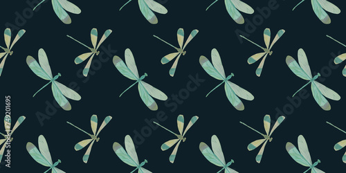 watercolor drawing of flying dragonflies, for wallpaper, wrapping paper and packaging, seamless pattern, abstract background for design