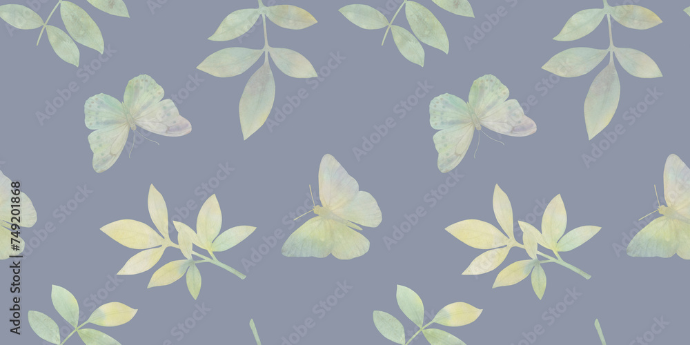 Watercolor design of butterflies and leaves. Illustration of drawn branches with leaves for design, butterflies flying seamless pattern
