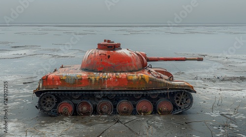 an old rusted tank sitting in the middle of a frozen lake with ice on the ground and water in the background. photo