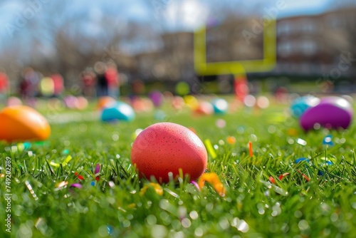 A colorful Easter egg at the rugby stadium. A symbol of the Easter holiday. Spring time