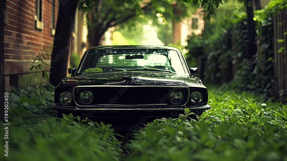 a black car parked on the side of a road next to a lush green field of grass and a brick building.