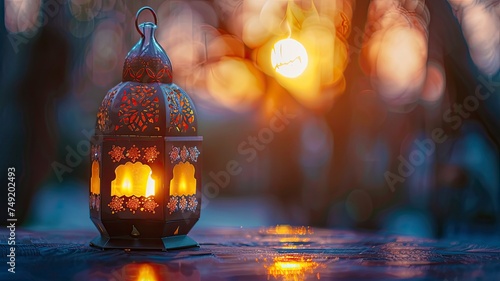 Muslim Holy Month Ramadan Kareem - Ornamental Arabic Lantern With Burning Candle Glowing At Evening - generative ai
