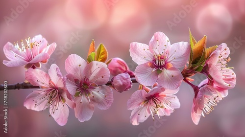 a close up of a branch of a cherry tree with pink flowers and green leaves in front of a blurry background. © Viktor