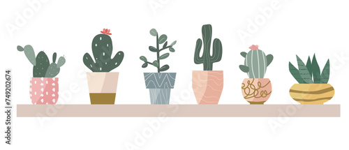 scandinavian houseplant cactus in pots with golden decor. Vector illustration of succulent flower in decorative pot. Modern home plants background.  © Жумагуль Бисекеева