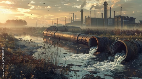 Industrial landscape with pipes in a field at sunrise photo