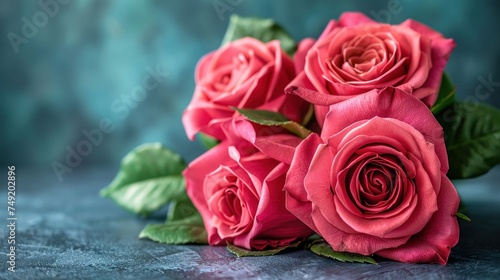 a close up of a bunch of pink roses on a table with a green leafy plant in the background.