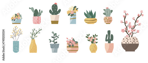 Houseplants and flowers in pots and vases - set of vector illustrations. Succulents, cactus, flowers and spring branches and banch can used for greeting card, banners, stickers.  photo