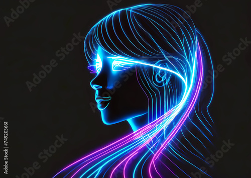 光の軌跡で描いた抽象的な女性の顔のシルエット