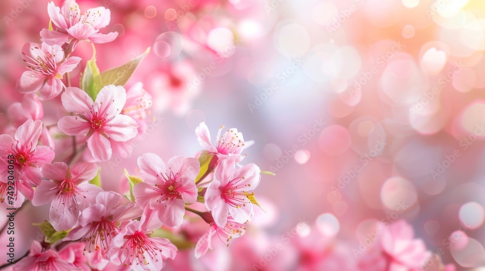 Beautiful spring nature scene with pink blooming tree, Blossoming cherry tree branches with copy space, Web banner, Spring time concept