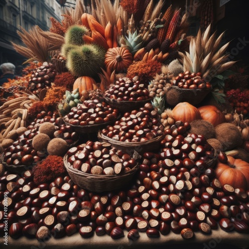 Large harvest of chestnuts on market stall