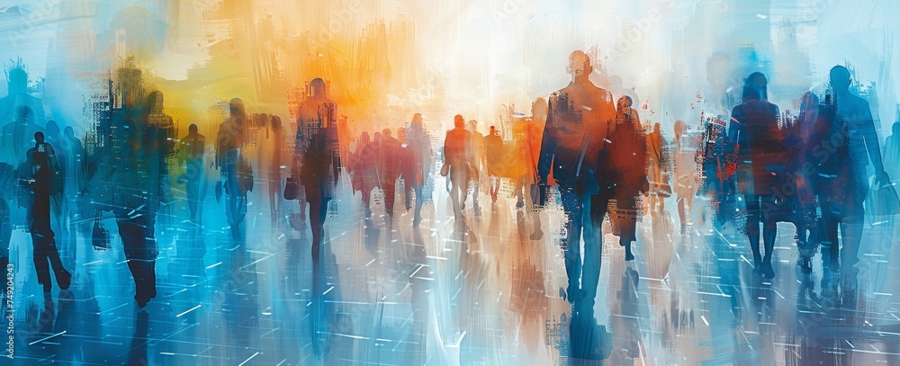 Vivid Urban Life Scene with Silhouettes in Dynamic Abstract City