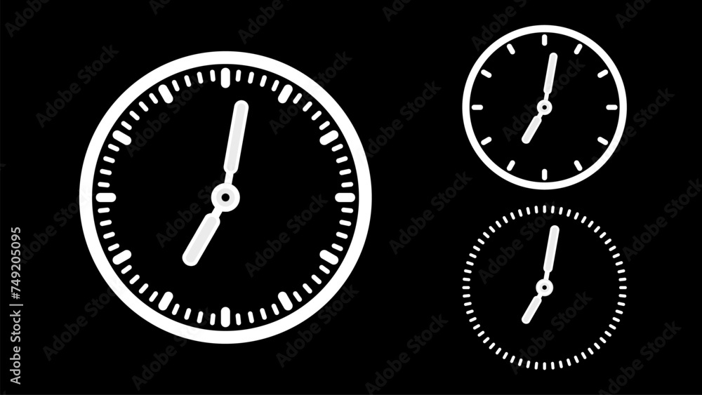 Clock icon, minimal style. White clock the black background Clock icon, minimal style. White clock the black background