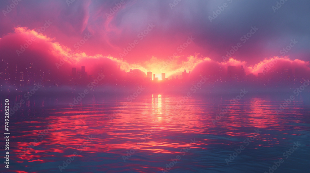 Naklejka premium 夕日と海と都市の風景