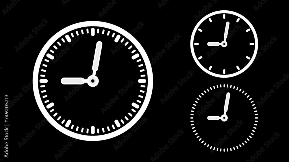 Clock icon, minimal style. White clock the black background Clock icon, minimal style. White clock the black background