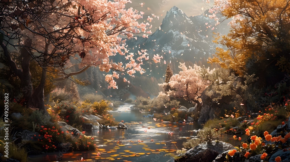 Photorealistic Fantasy River Scene with Cherry Blossoms and Waterfall