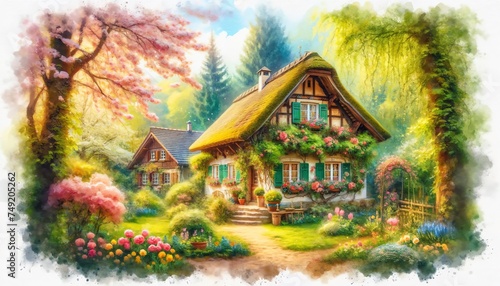 Watercolor of European cottage in spring
