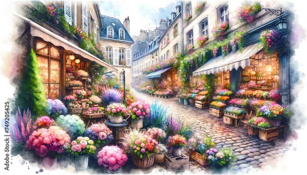 Watercolor of pretty flower shops in Europe