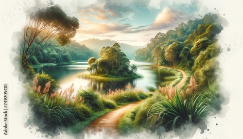 Watercolor of nature landscape of a path near a lake