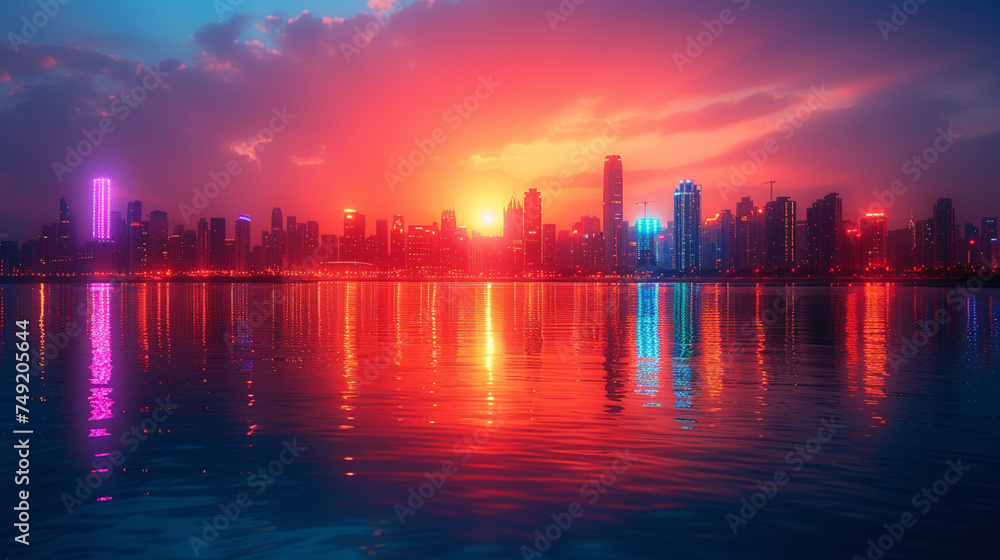 夕日と海と都市の風景