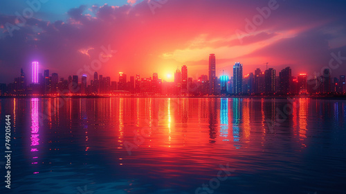 夕日と海と都市の風景