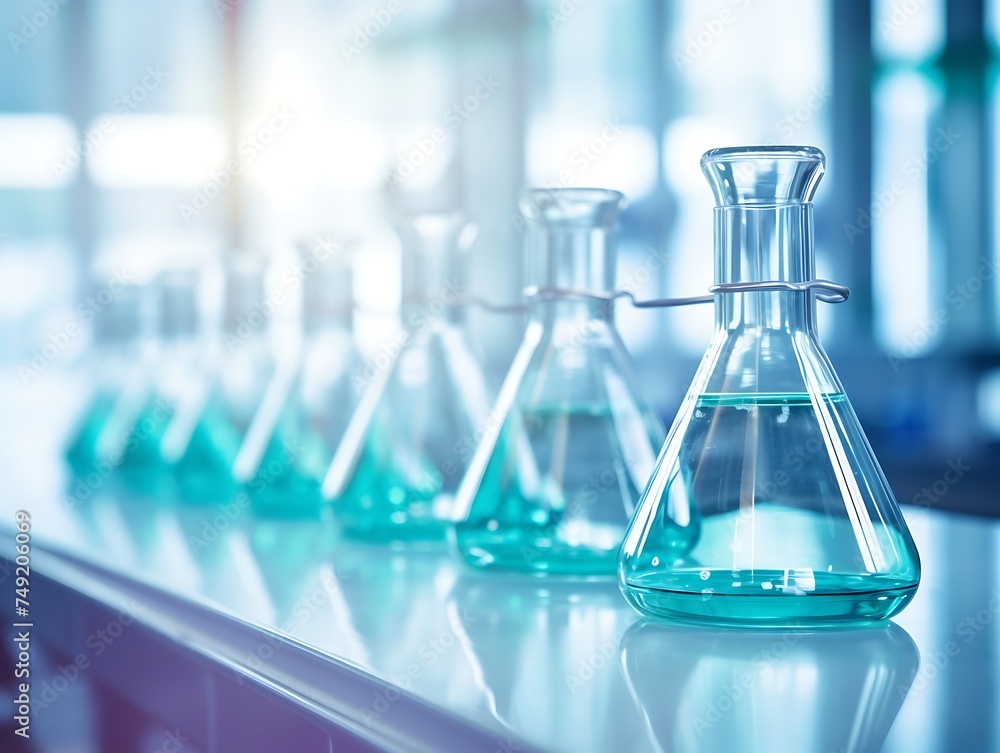Laboratory glassware with blue liquid, science research and development concept Laboratory glassware with blue liquid, science research and development concept