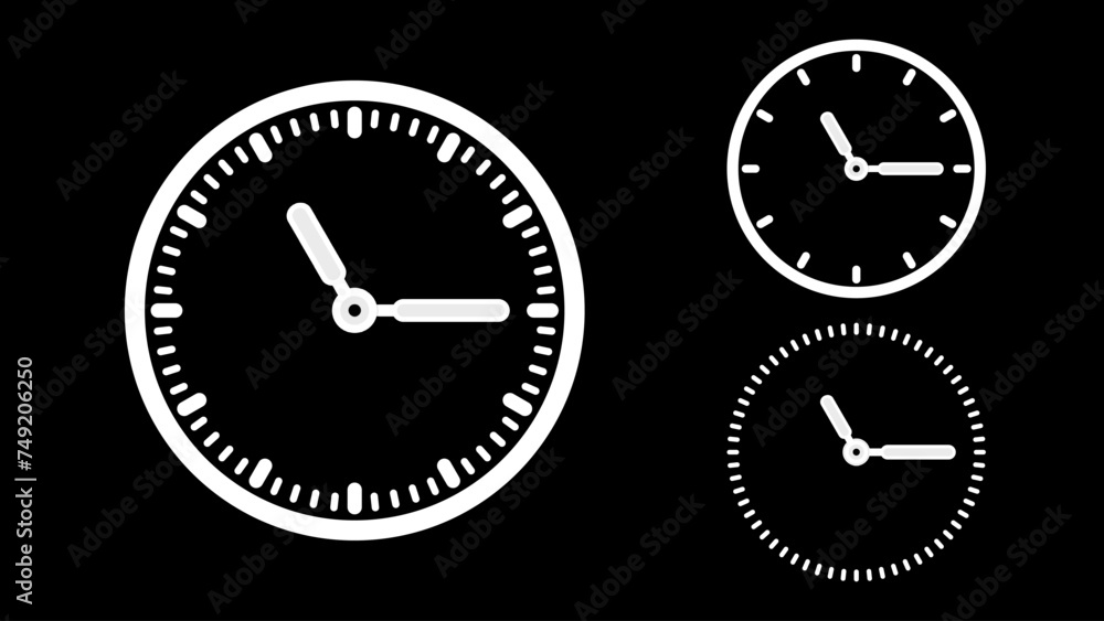 Clock icon, minimal style. White clock the black background Clock icon, minimal style. White clock the black background