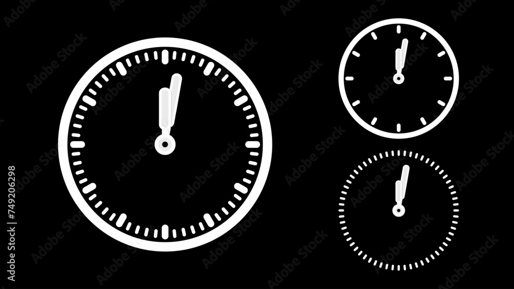 Clock icon, minimal style. White clock the black background Clock icon, minimal style. White clock the black background