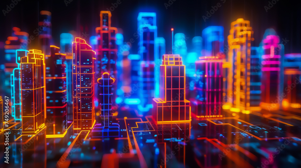 Obraz premium Retrofuturism blends past visions of the future with present technology, creating a nostalgic yet innovative cityscape bathed in neon