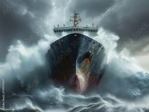 A large ship valiantly navigates through stormy ocean waters as lightning strikes in the background. photo