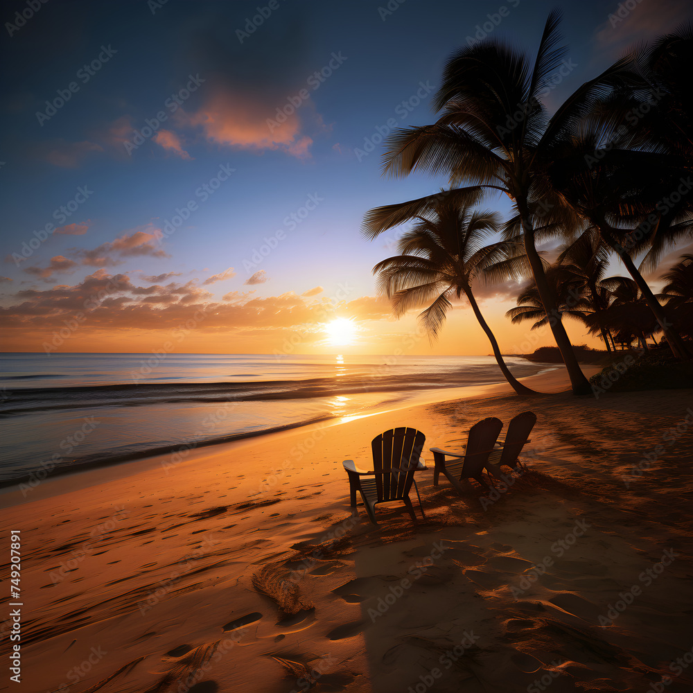A spellbinding view of a tranquil beach sunset, embodying the peaceful embrace of dusk, ready to fall into a starlit dream.