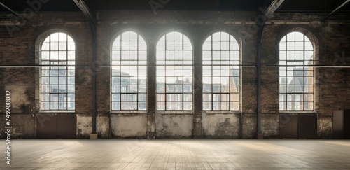 Spacious industrial loft with large windows and sunlight filtering in, empty interior.