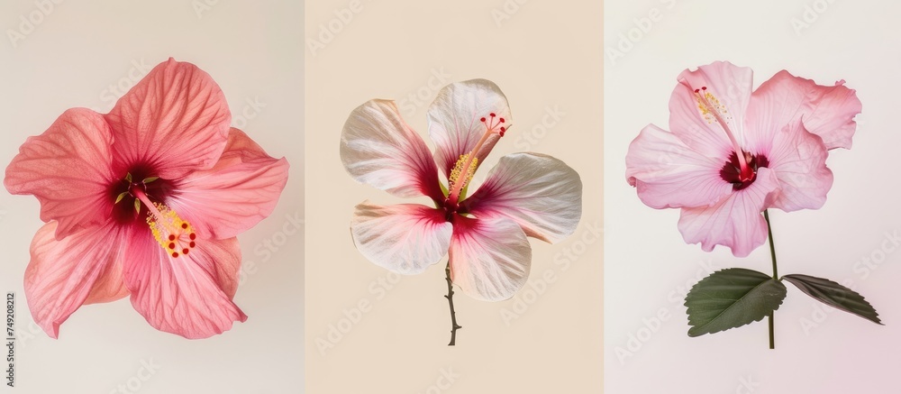 Three different types of flowers, including delicate hibiscus and ros flowers, bloom vibrantly against a wall. Each flower showcases unique colors and shapes, adding a touch of natural beauty to the