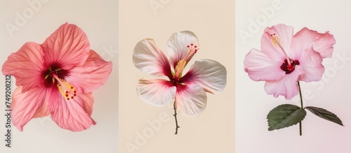 Three different types of flowers, including delicate hibiscus and ros flowers, bloom vibrantly against a wall. Each flower showcases unique colors and shapes, adding a touch of natural beauty to the